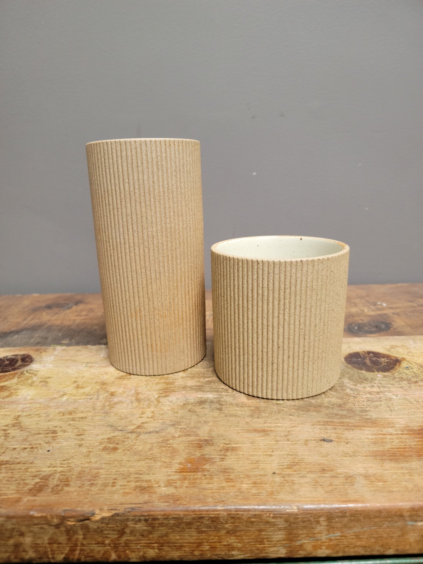 stone ribbed vase white inside glaze 2 sizes
