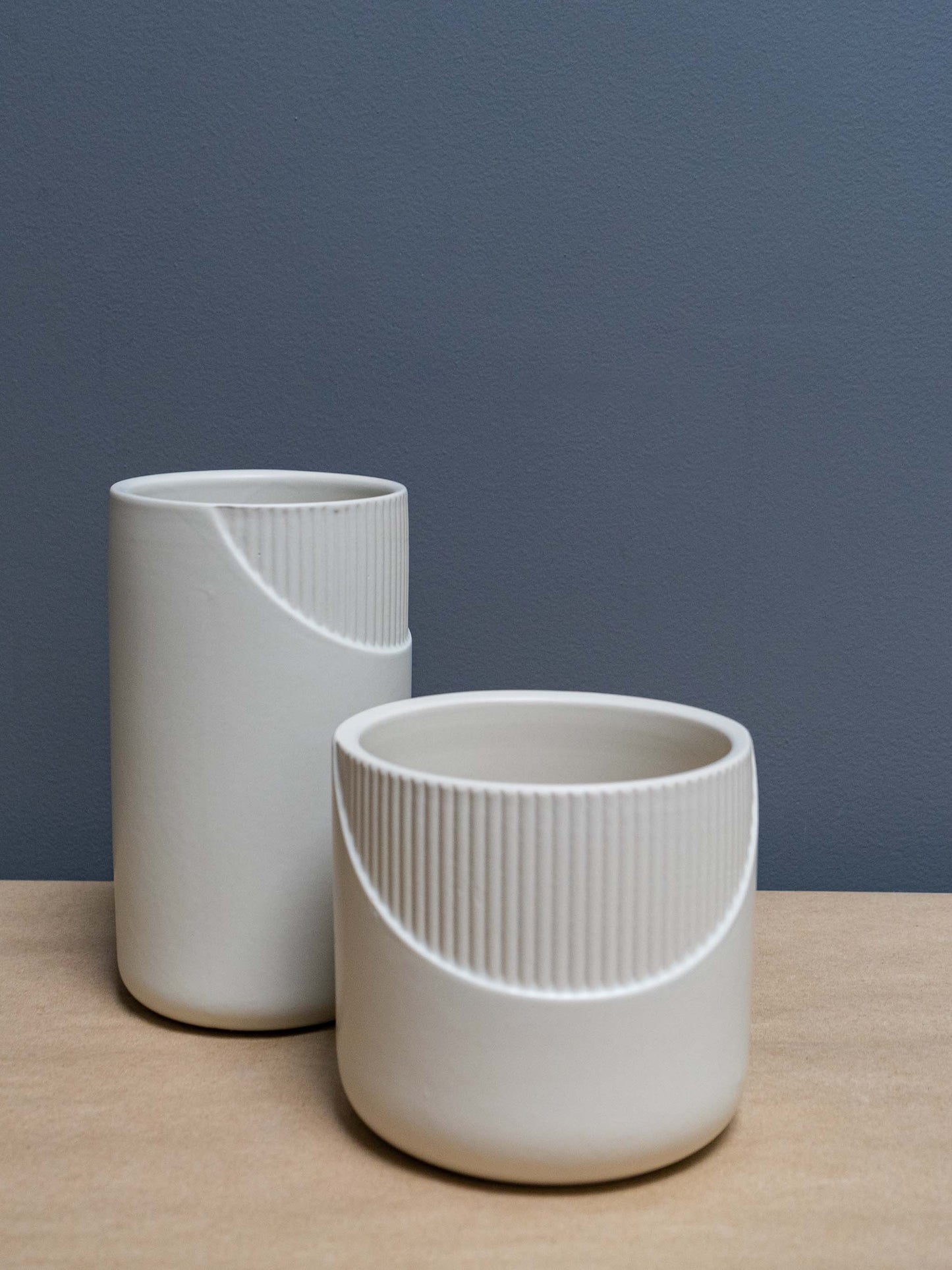 Ceramic Beige Vases with Ribbing Details