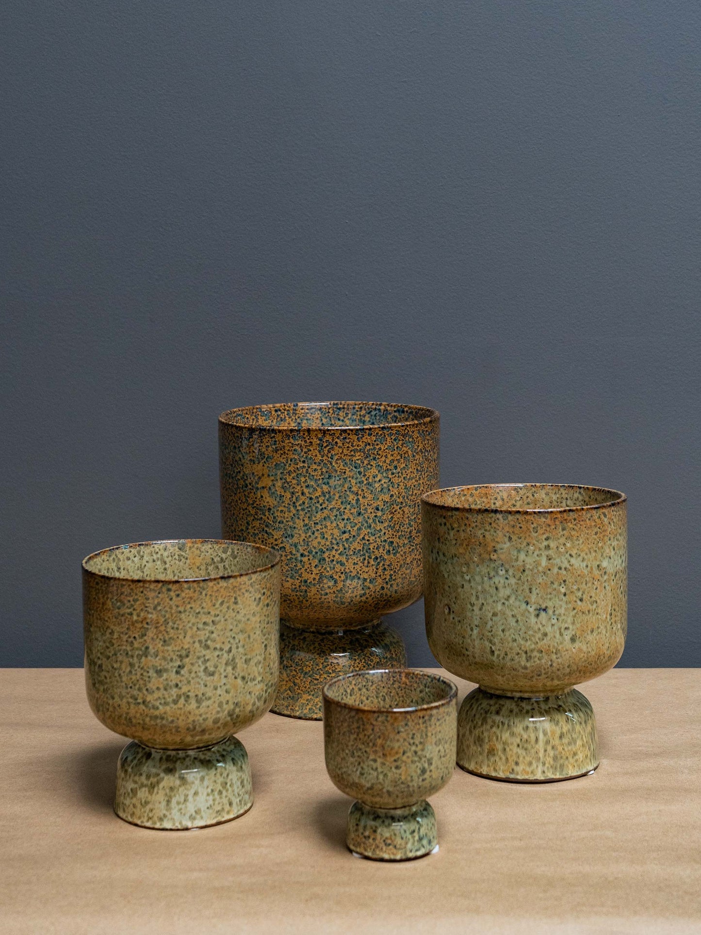 Ceramic Footed Vases Rustic Patina Tan and Green